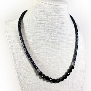 Black Faceted Bead Necklace on Braided Cord